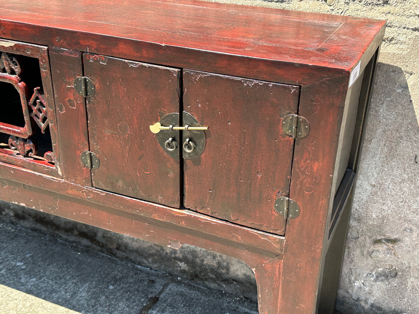 Antique Chinese Qing Red Lacquer Low Sideboard Cabinet Pierced Panel 62"W LS#150