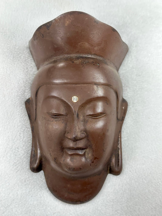 Vintage Japanese Cast Iron Mask of Kannon (Bodhisattva) Signed – 8” x 5”