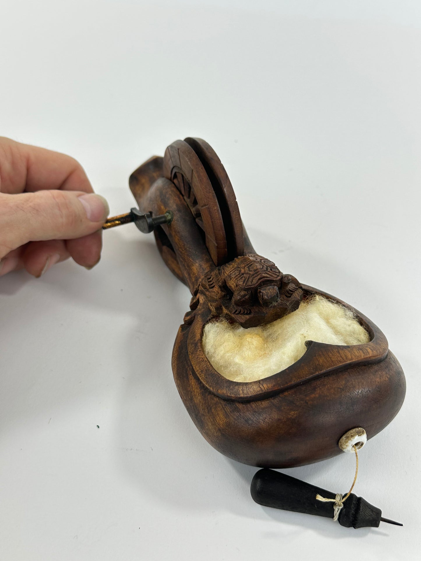 Vintage Japanese Carved Wood Sumitsubo Ink-Line Tool with Turtle Motif 8"