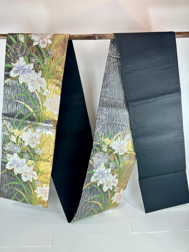 Vintage Japanese Silk Fukuro Obi Gold Foil Orchid Black Ground 13'L