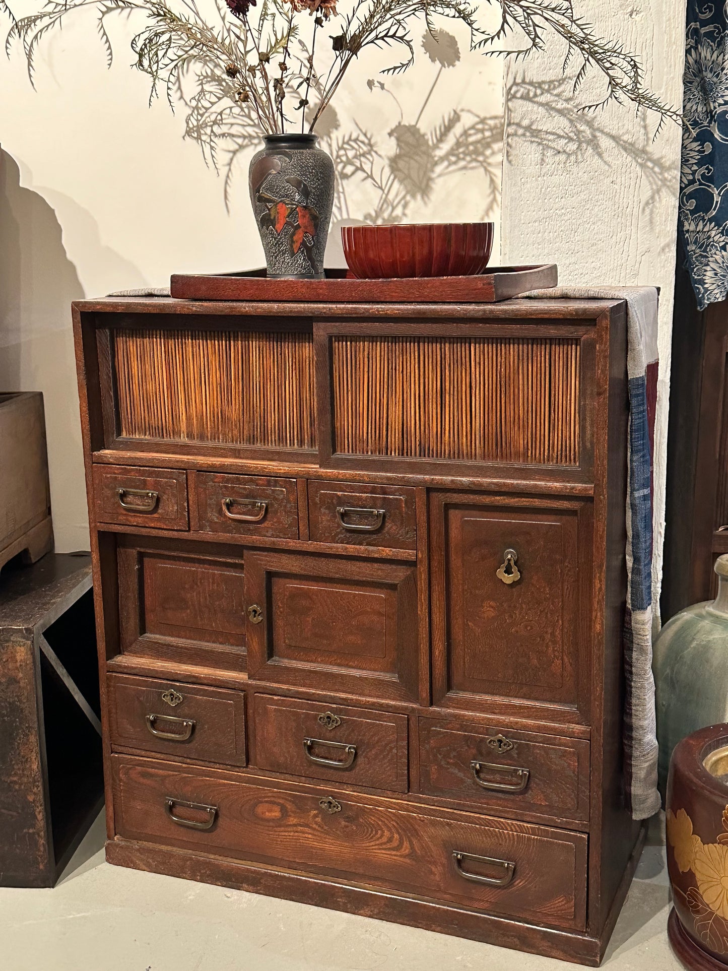 Antique Japanese Taisho Era (c1920’s) Chadansu Tea Tansu 9 Drawer 26"W