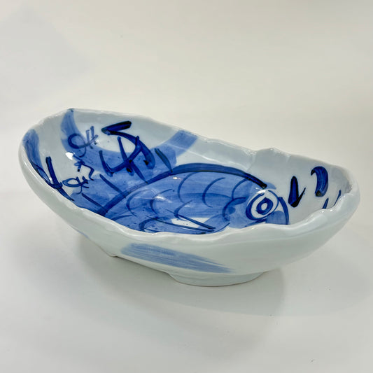 Vintage Japanese Imari Ceramic Bowl & Calligraphy Fish Cobalt Blue 9.5”