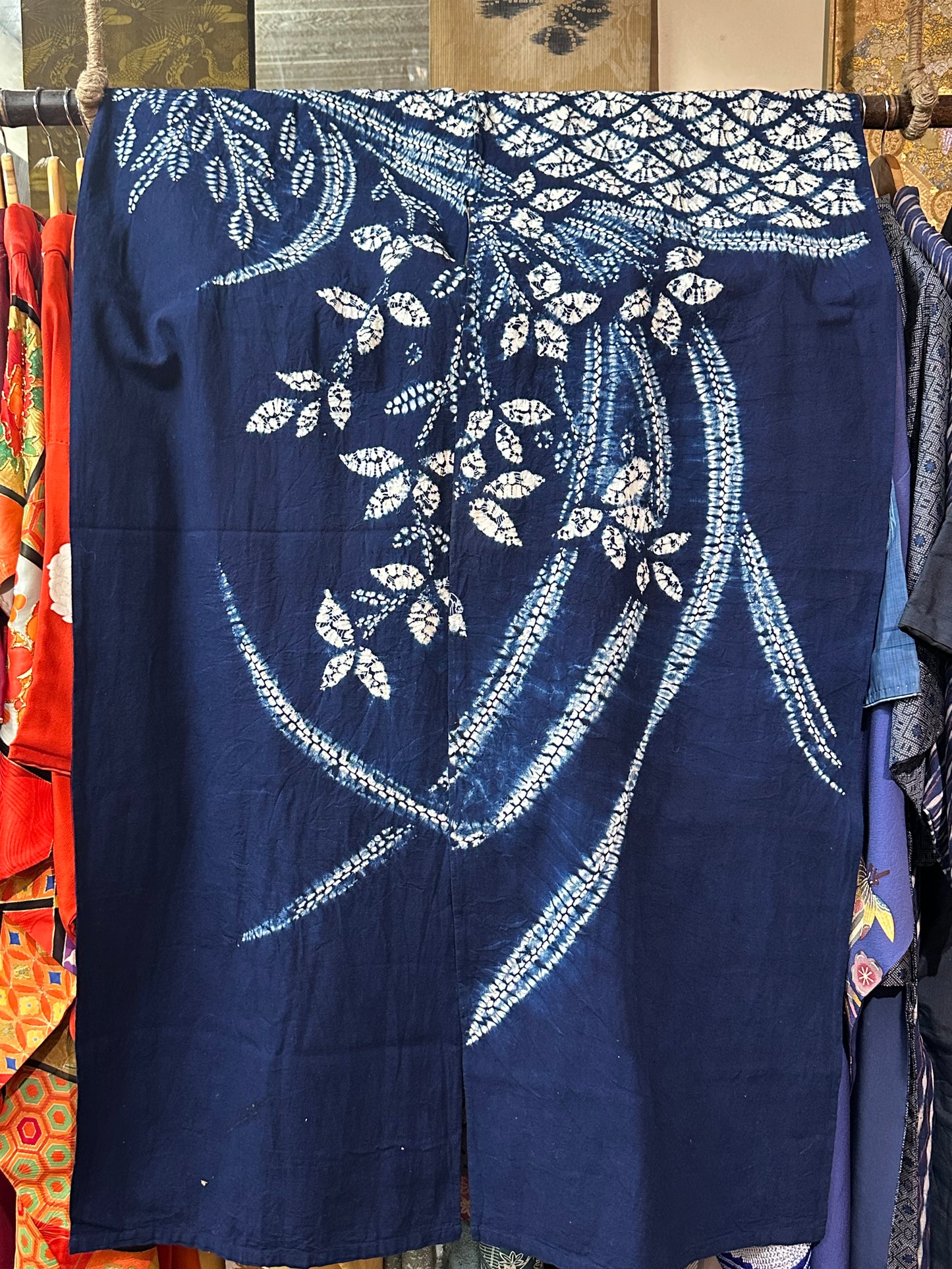 Vintage Japanese Indigo Shibori Noren Curtain Floral Motif Vintage Cotton ~40"L