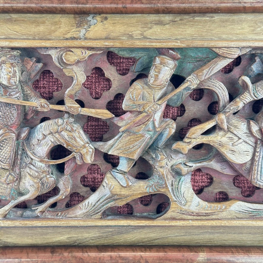 Antique Chinese Carved Wood Panel Fragment Warriors on Horseback 20.5″L