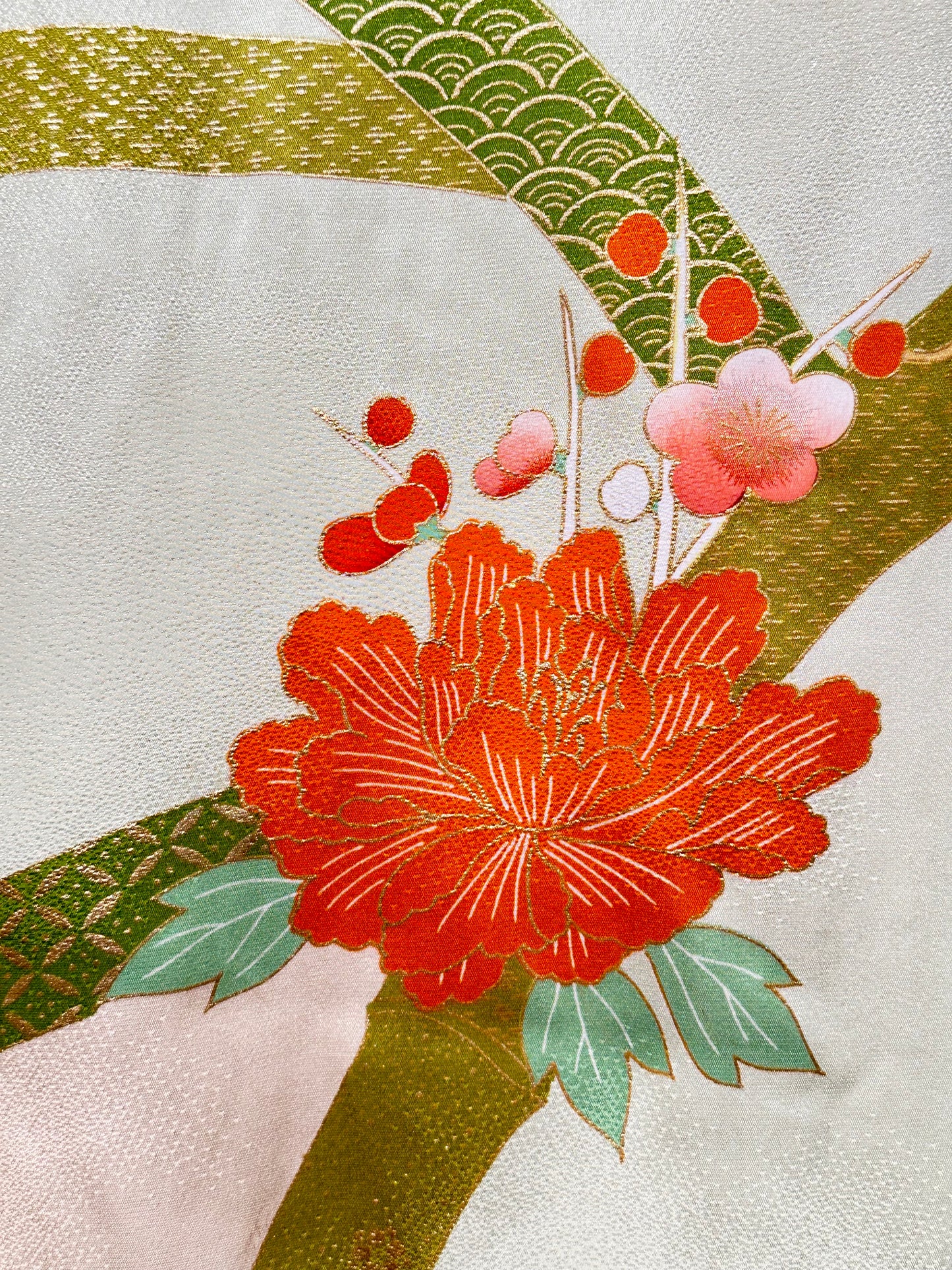 Vintage Japanese Furisode Silk Kimono Soft Green Peonie Motif