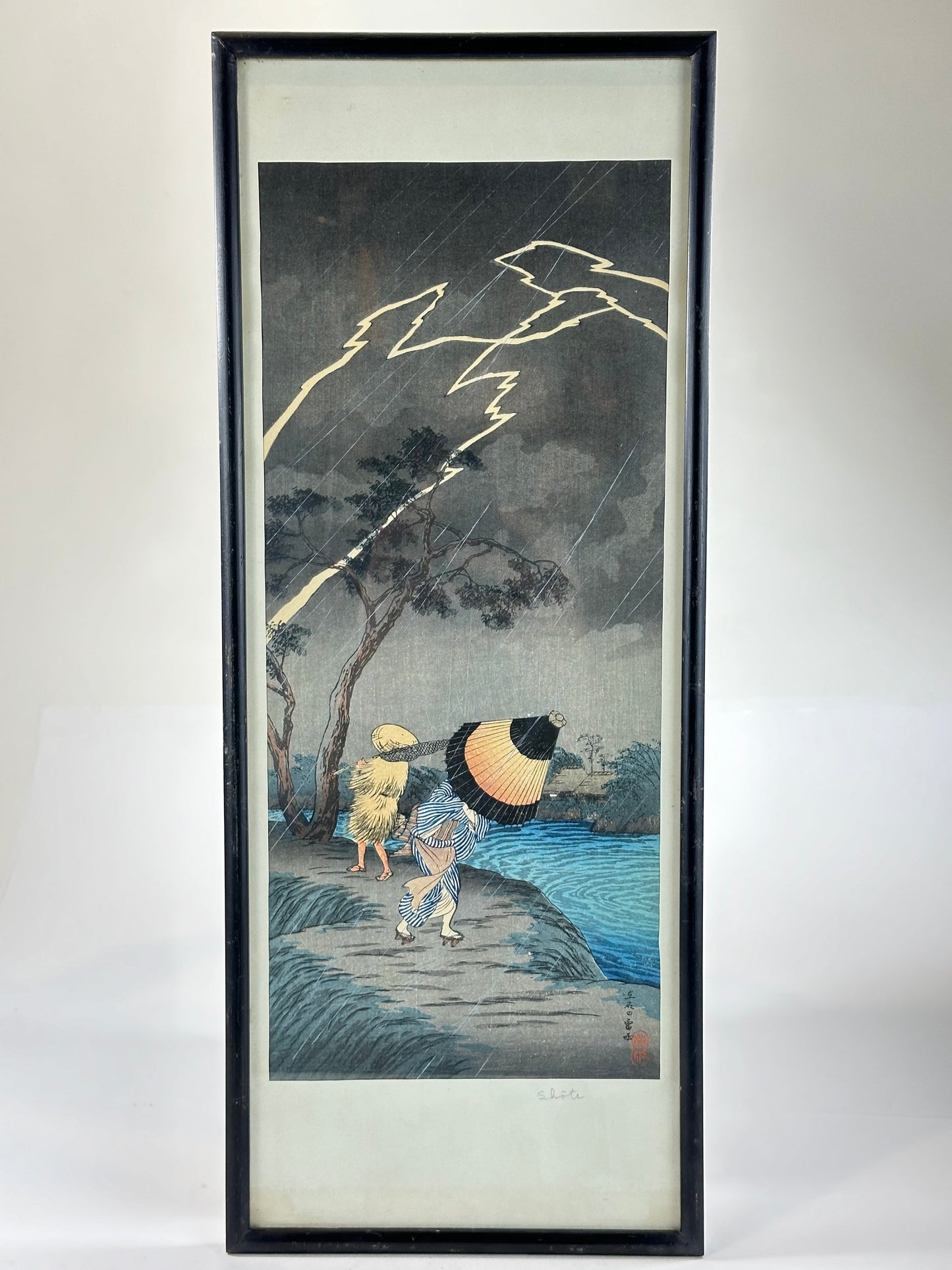 Japanese Woodblock Print Reproduction: By Shotei "Rain" in Vintage Frame