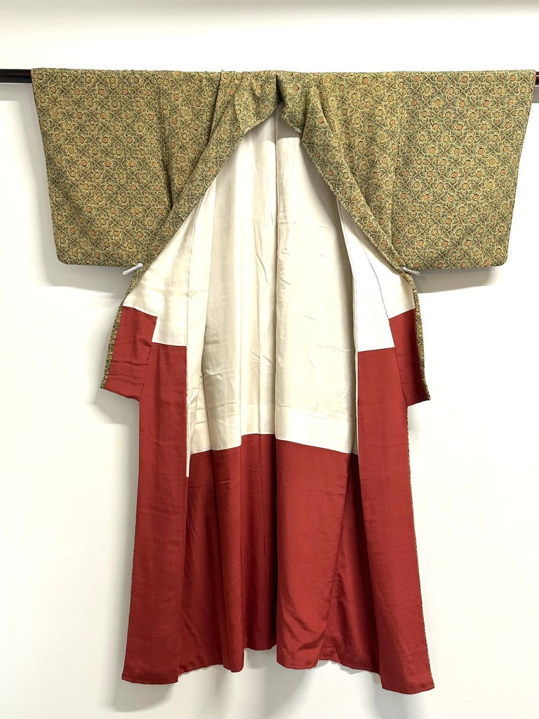 Vintage Japanese Silk Komon Kimono Shippo Floral Repeat Rikyu Olive Showa