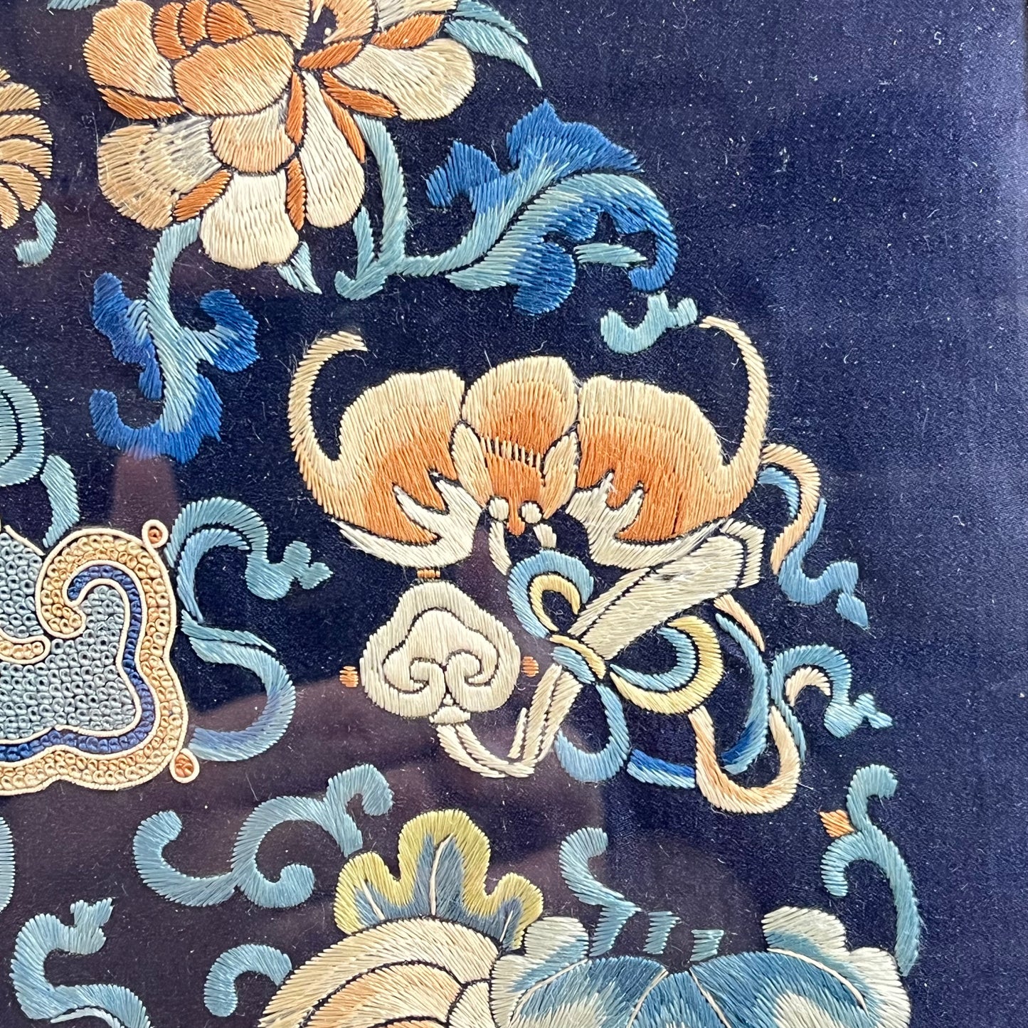 Framed Chinese Silk Blue Emboidery Wedding Roundel 23"