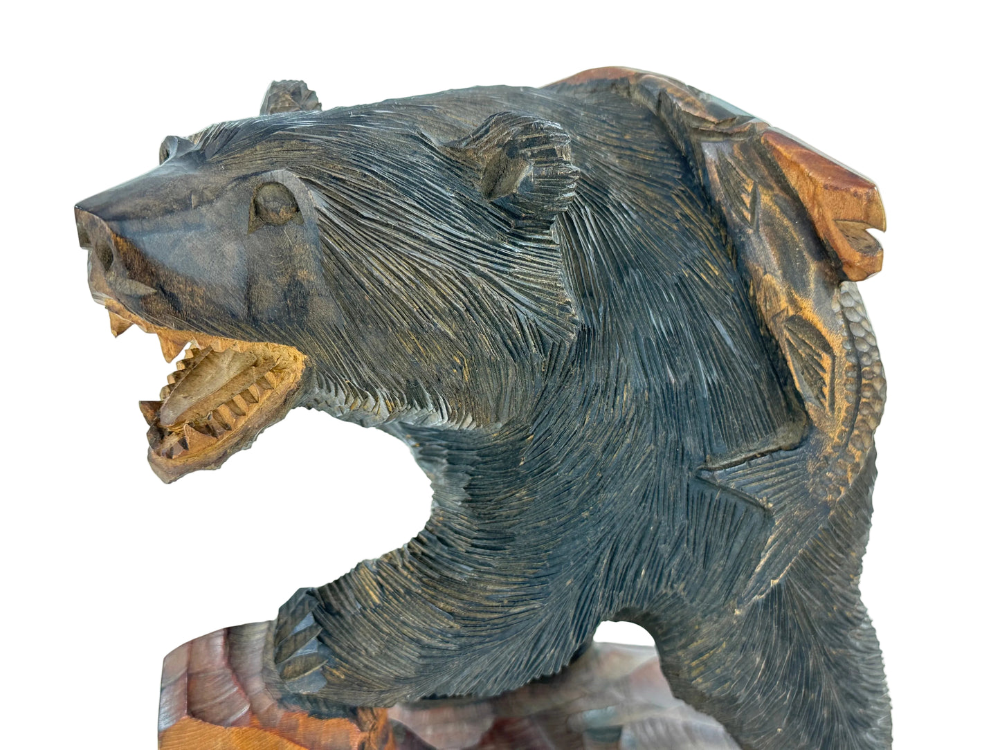 Vintage Japanese Ainu Bear Kuma w/ Salmon Sugi Wood ~10"
