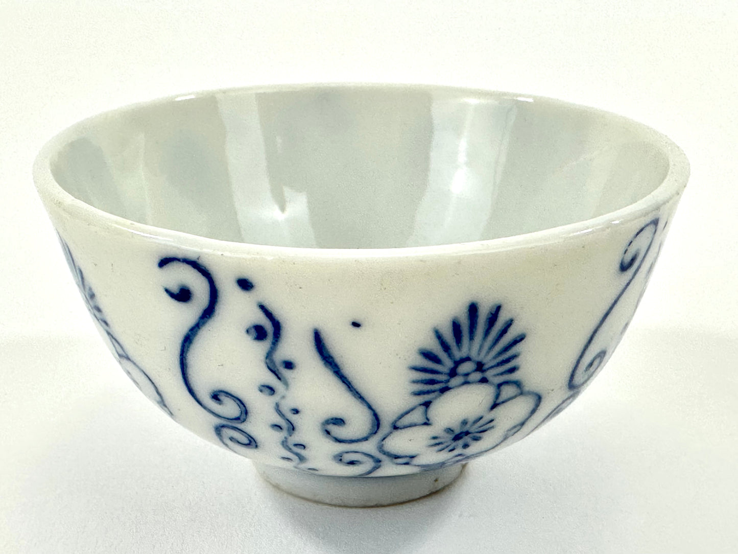 Antique Japanese Porcelain Cup with Blue Floral Pattern 3"