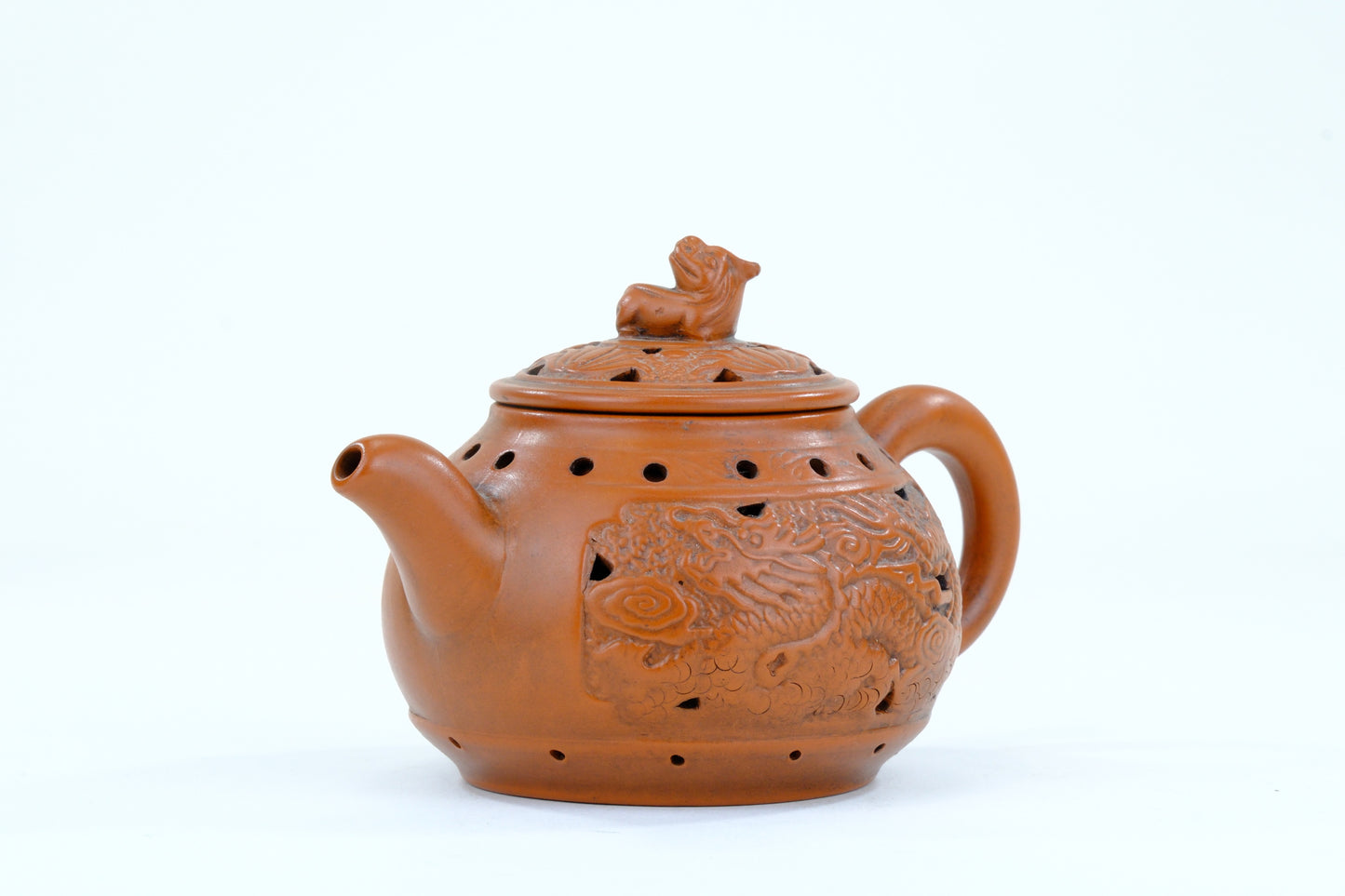 Vintage Chinese Yixing Style Teapot Double Wall Dragon Relief Shishi Finial Hongni Clay 6"