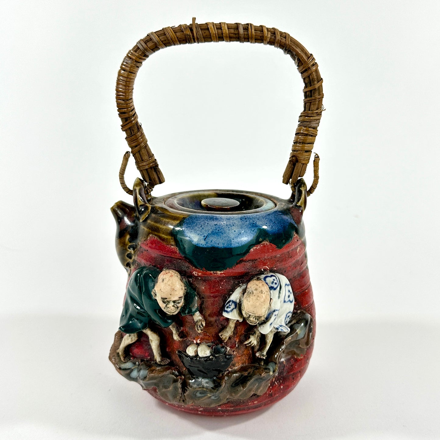Antique Japanese Meiji Era Sumida Gawa Signed Ryosai Teapot Figures Cooking 4.5" LS187