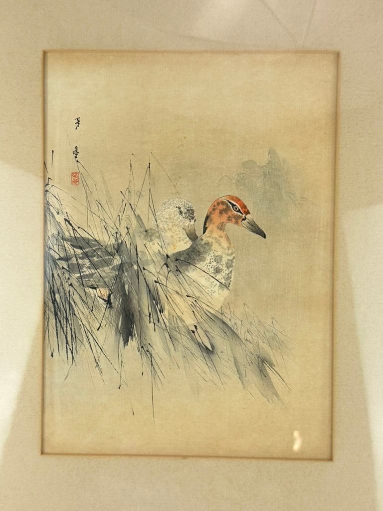 Antique Japanese Watanabe Shotei Woodblock Print Ducks in Marsh Grass 18"H