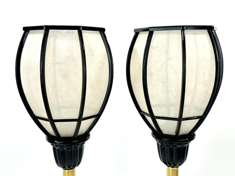 Japanese Showa Era Sakura Lantern Table Lamp Pair Black Lacquer Brass 15"H