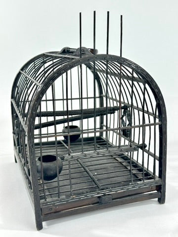 Chinese Vintage Blackened Bamboo Birdcage Barrel Vault Dome Perch Feeder Fret Border 8 Inches
