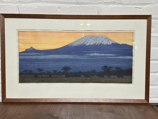 Toshi Yoshida Woodblock Print Kilimanjaro Evening 1983 in Frame