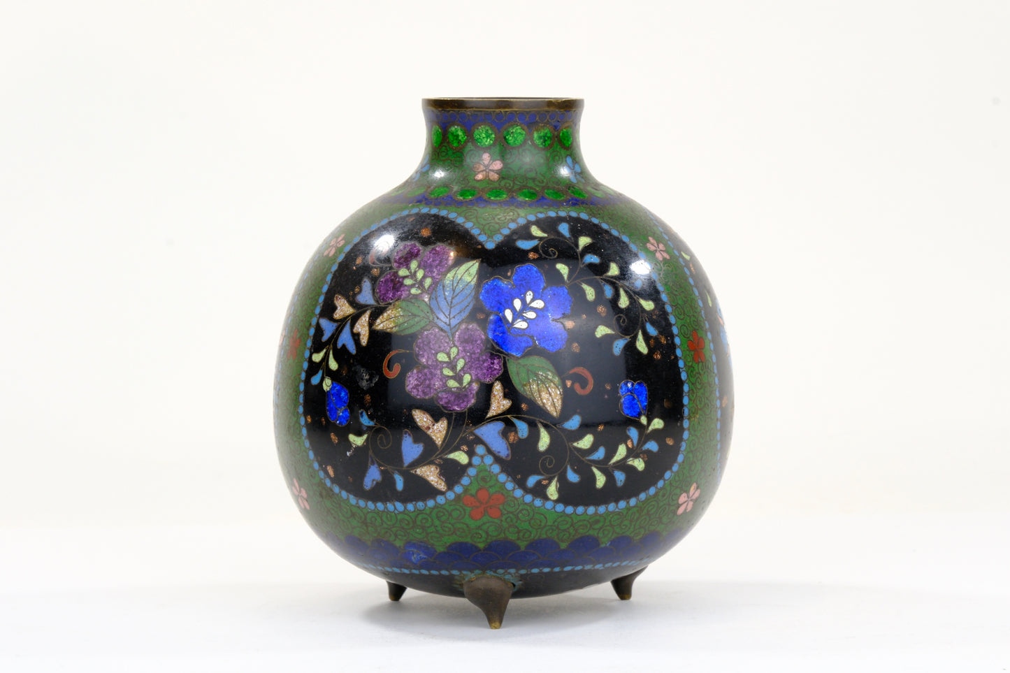 Chinese Cloisonne Enamel Jar Black Ground Polychrome Floral Fret Pattern Turquoise