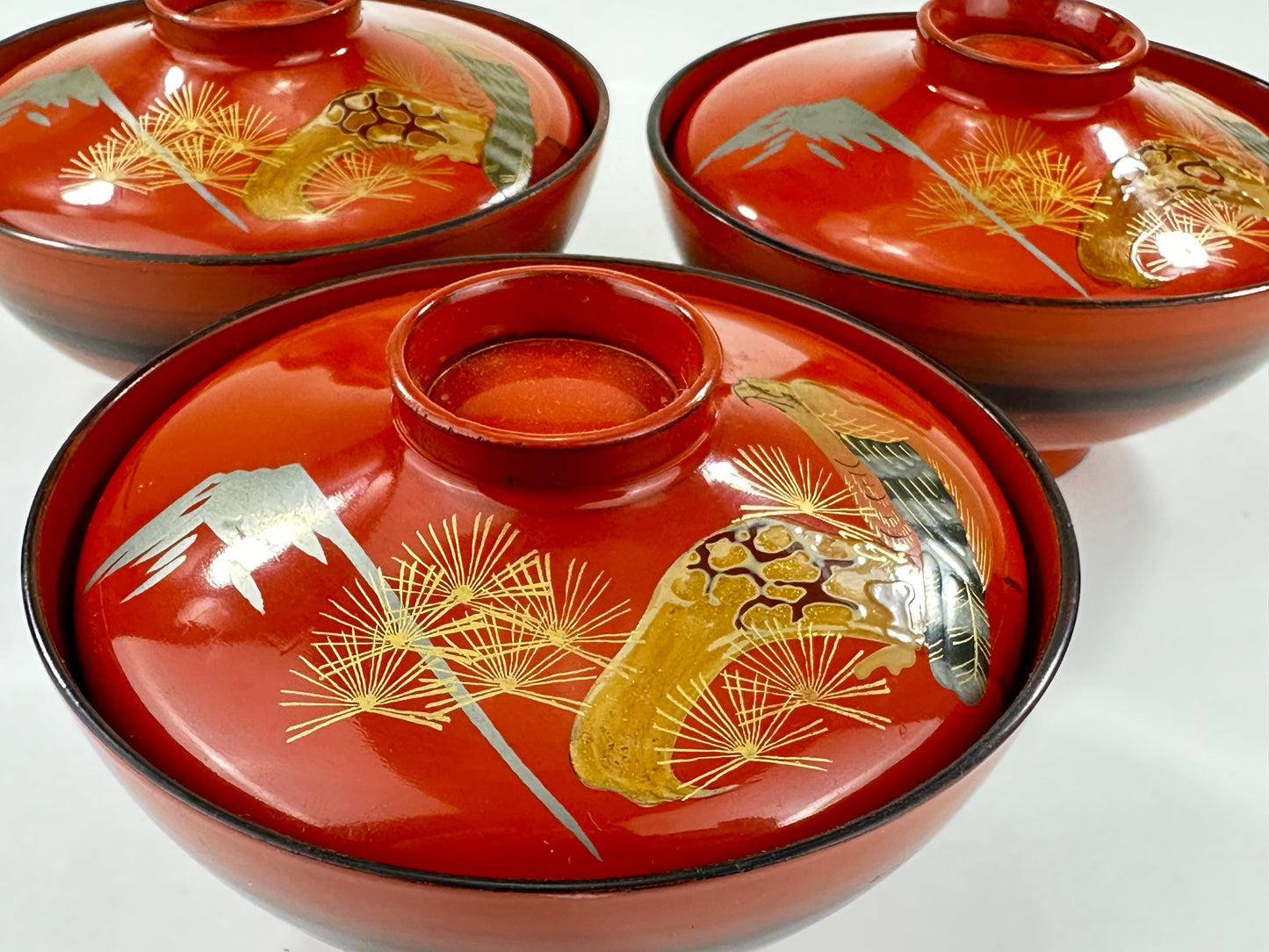 Set of 3 Antique Japanese Meiji Era (c1890's) Red Lacquer Makie Wooden Mt Fuji Hawk Bowl 4.5"