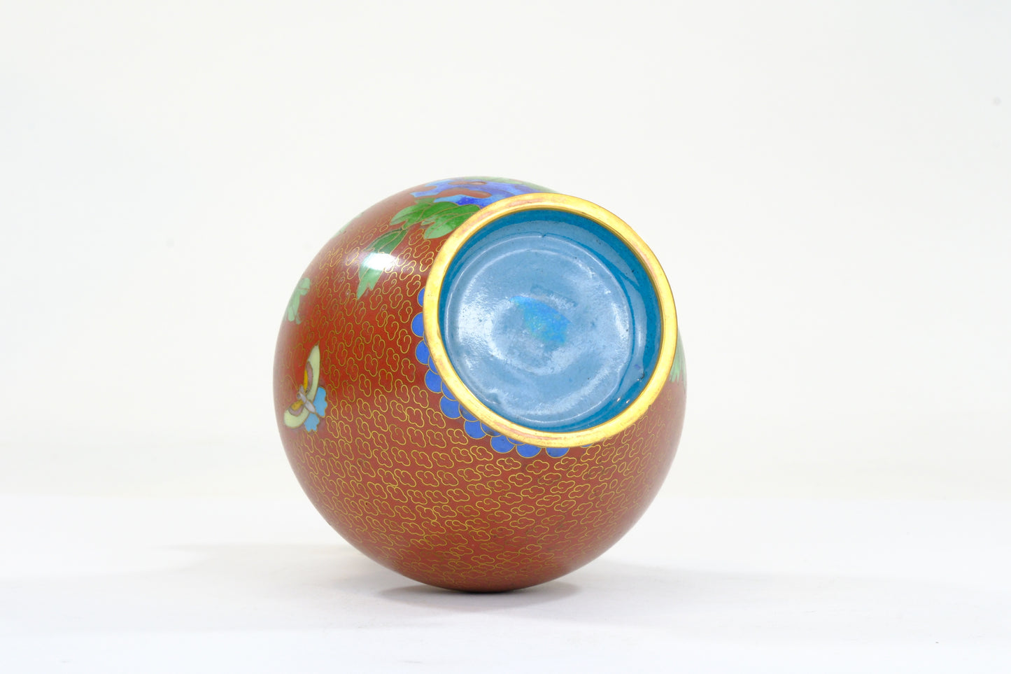 Chinese Cloisonne Enamel Vase Red Rust Ground White Peony Scholar Rock Blue Foot 6"H