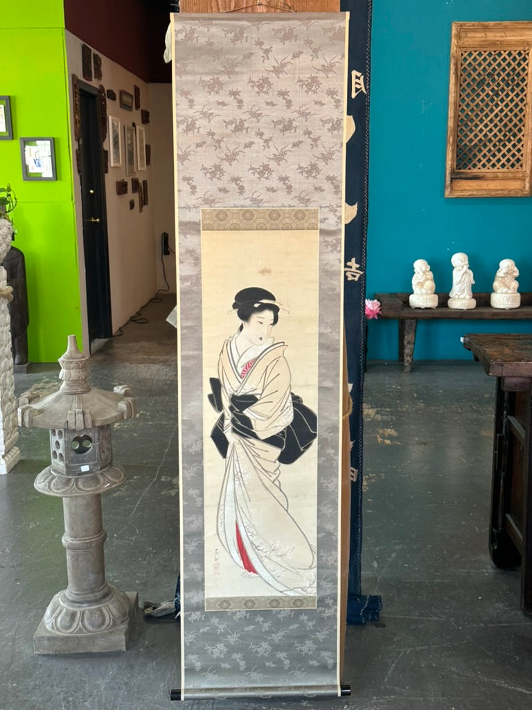 Antique Japanese Kakejiku Bijin-ga Beauty Spider Web Kimono Meiji Taisho Scroll 72"L