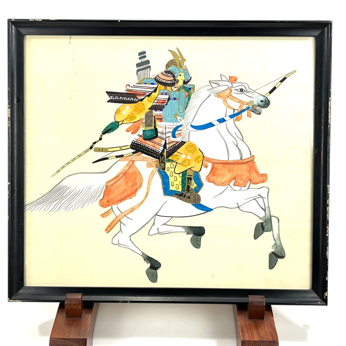 Framed Painting on Silk of Kamakura Era Samurai On Horseback 17"