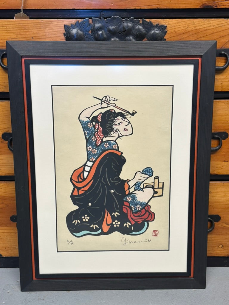 Vintage Japanese Kappazuri Print Yoshitoshi Mori Bijin with Kiseru Smoking Beauty 1984 Ed 31/90