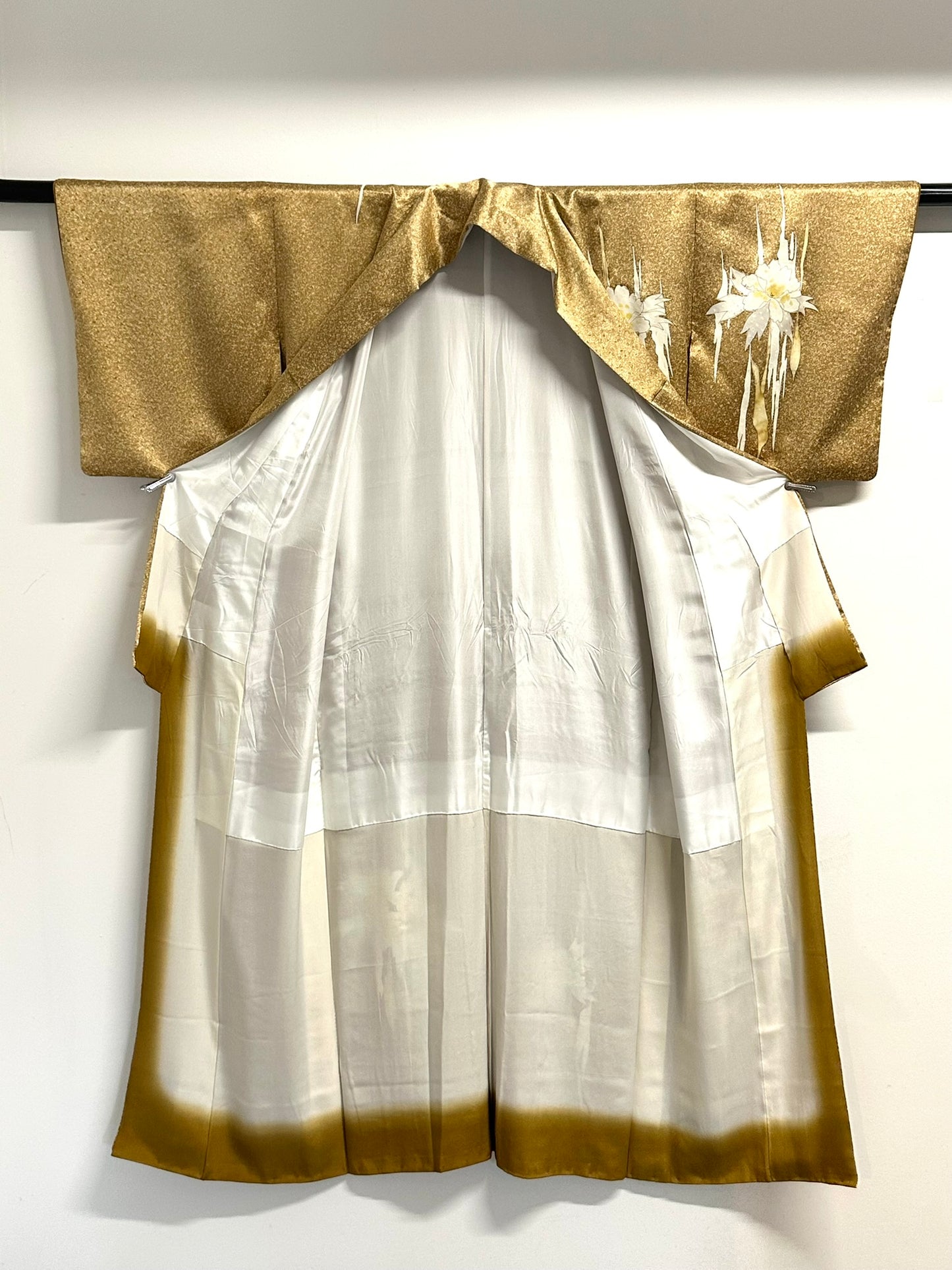 Vintage Japanese Silk Nashiji Gold Kimono Yuzen Suisen Narcissus Showa Era