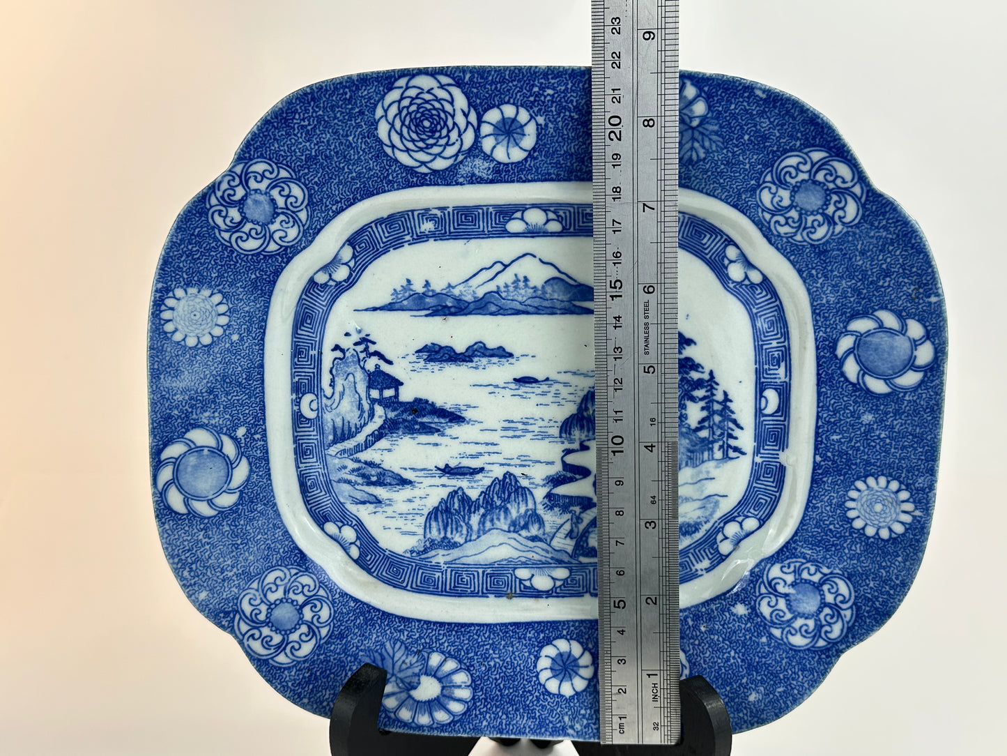 Antique Japanese Late Meiji c1910's Blue & White Porcelain Landscape Platter 10"W