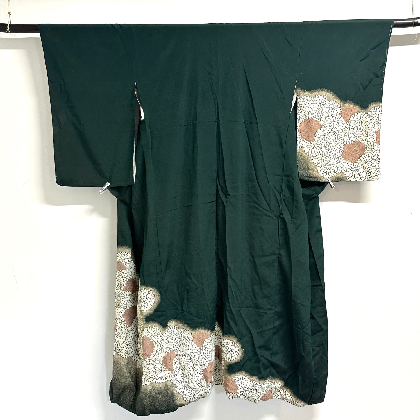 Vintage Japanese Silk Kimono Kiku Hanazume Suso on Deep Green Gold Bokashi Showa