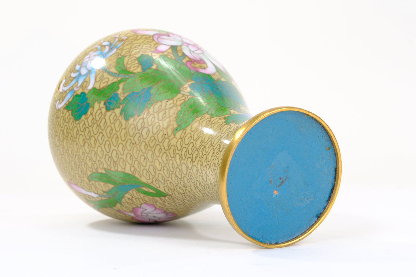 Chinese Cloisonne Enamel Meiping Vase Gold Ground Lotus Chrysanthemum Butterfly 9"H