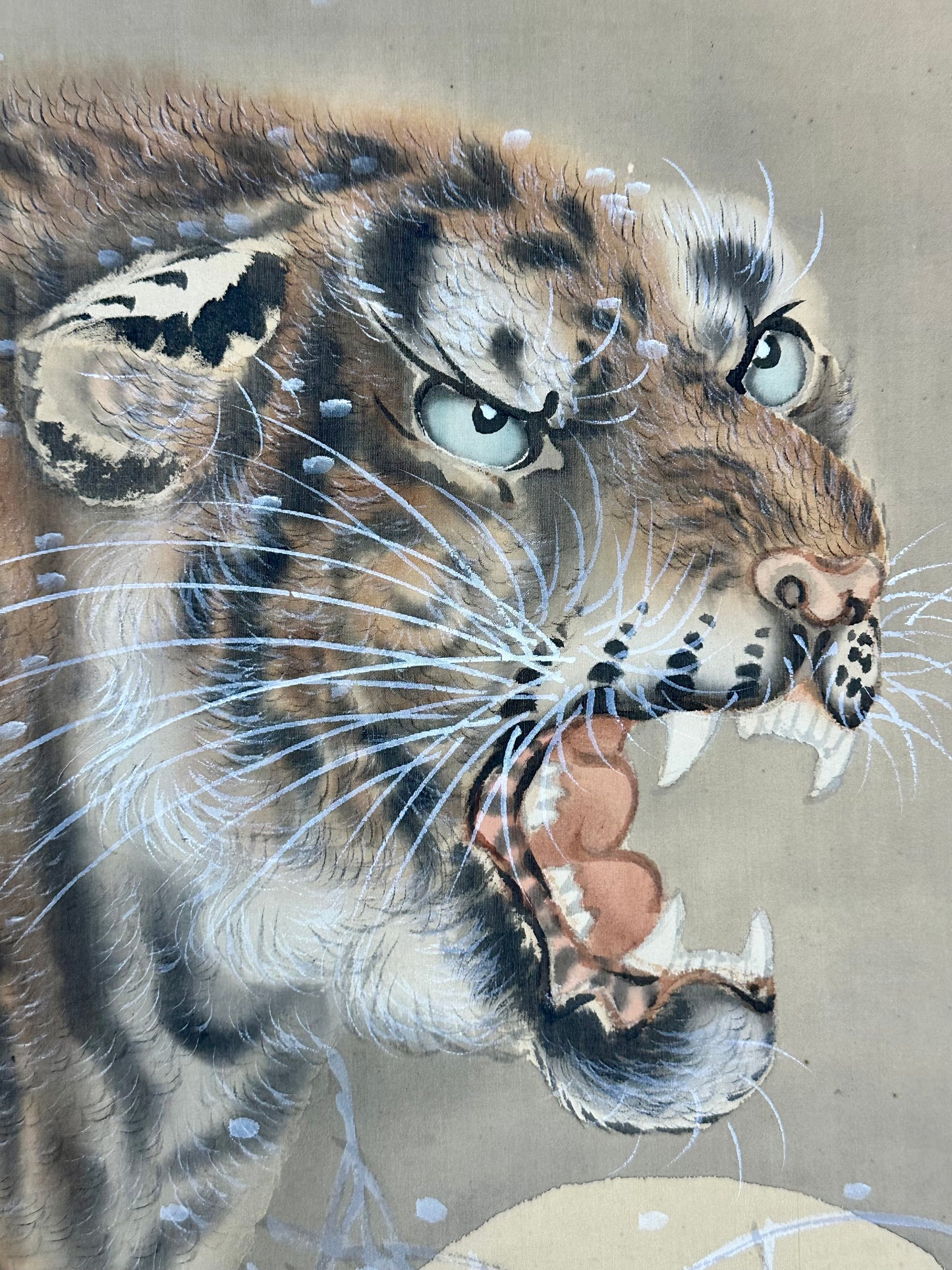 Antique Japanese Kakejiku Hanging Scroll Hand Painted Tiger Snow Moon Taisho Showa 78"L