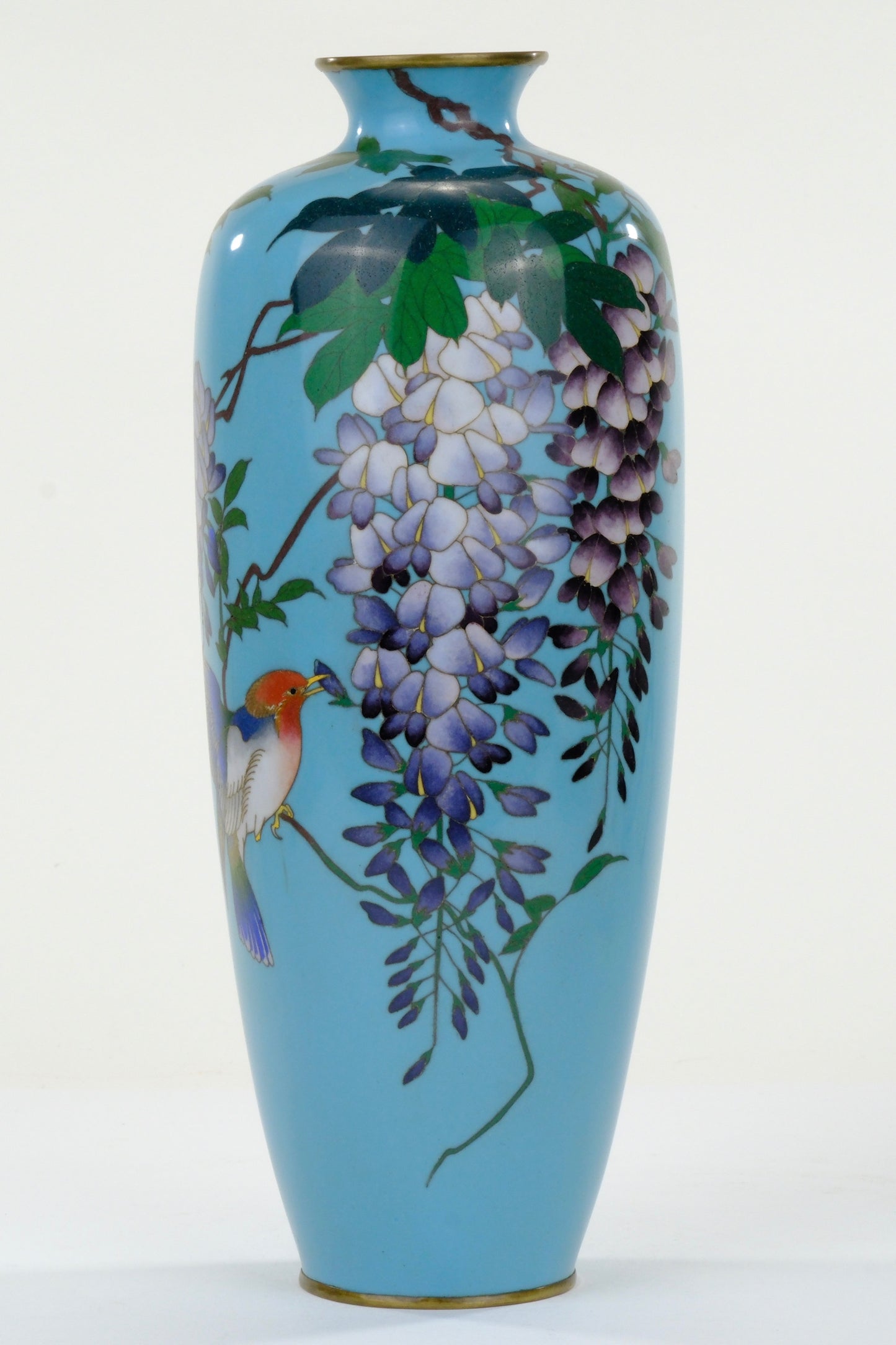 Antique Japanese Meiji Era (c1880) Cloisonné Vase Wisteria & Bluebird on Turquoise 12”