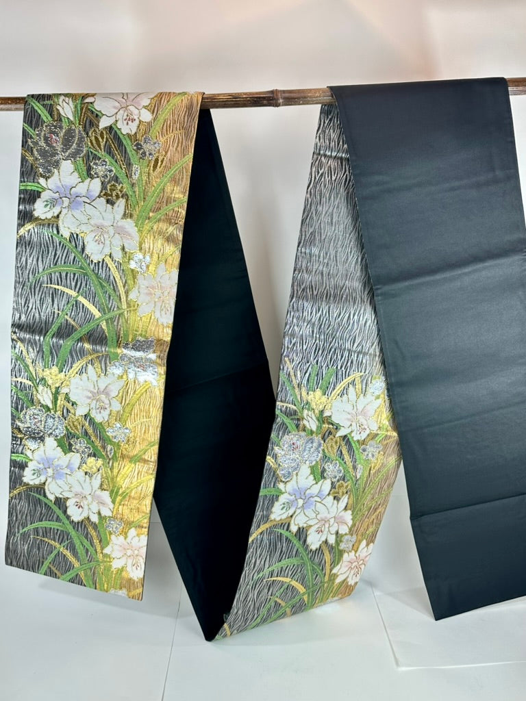 Vintage Japanese Silk Fukuro Obi Gold Foil Orchid Black Ground 13'L