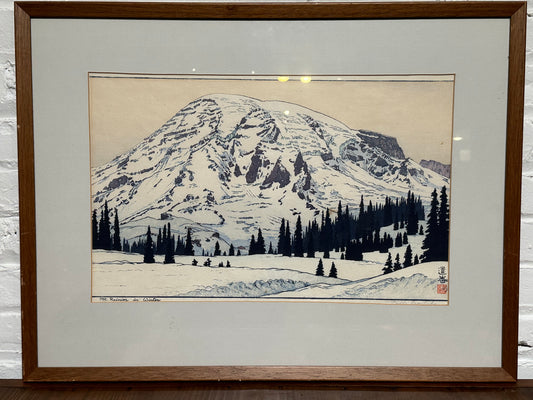 Toshi Yoshida Woodblock Print Mt Rainier in Winter 1972 in Frame
