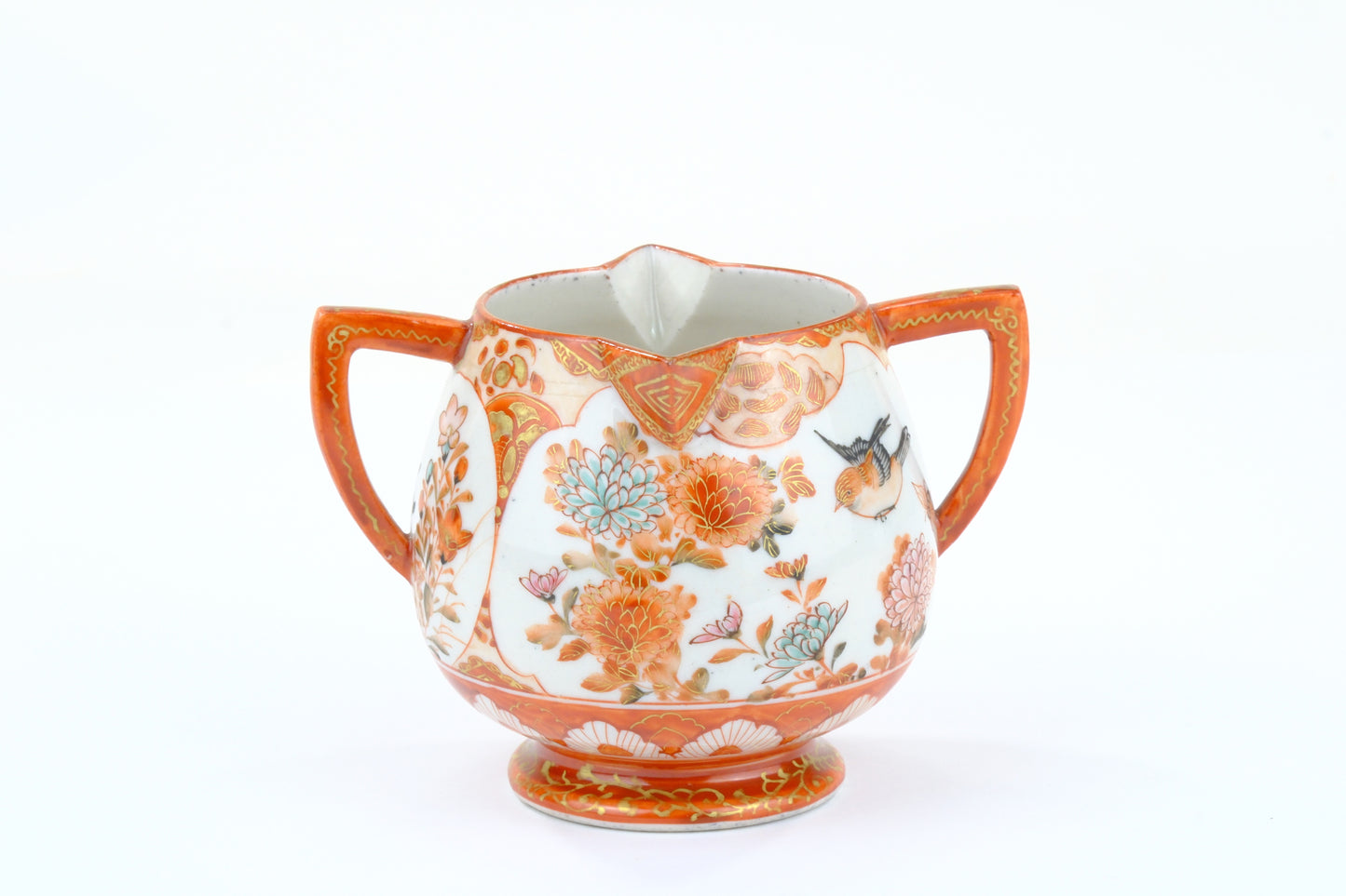 Antique Japanese Kutani Dai Nippon Porcelain Sugar Bowl Sparrow Chrysanthemum Meiji 4H