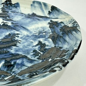 Japanese Showa Porcelain Plate Blue White Shanshui Mountain Landscape Yubyakudo Mark 8.5"W LS#093