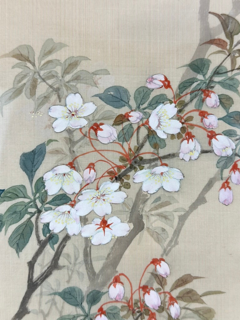 Antique Japanese Kacho-ga Silk Painting Sakura Cherry Blossoms Framed 18"H