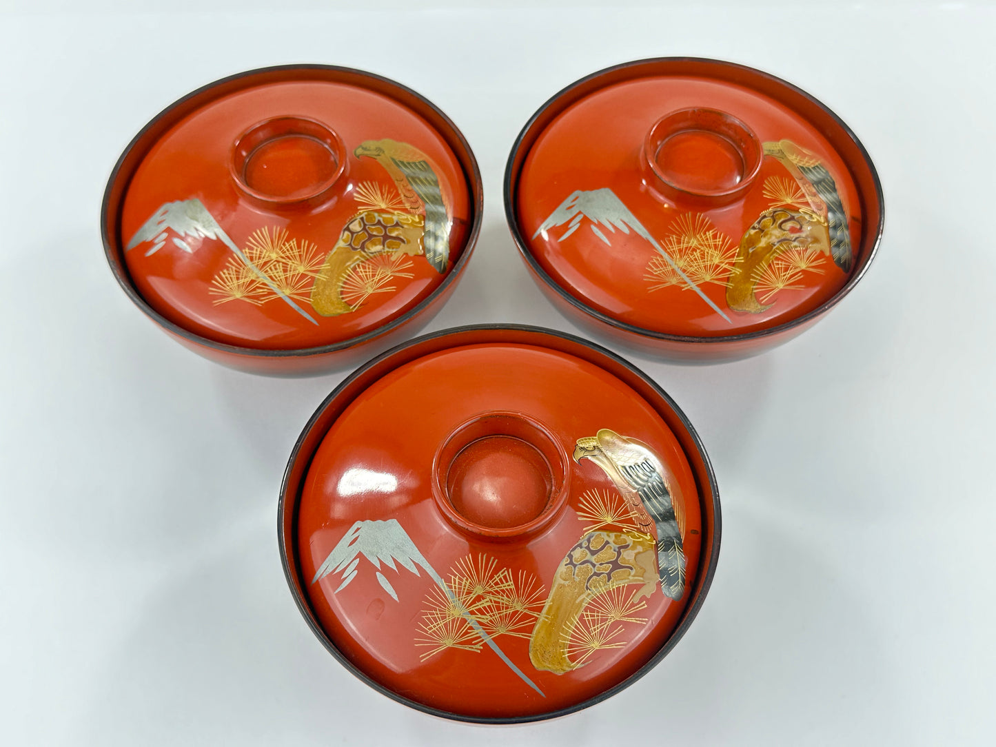 Set of 3 Antique Japanese Meiji Era (c1890's) Red Lacquer Makie Wooden Mt Fuji Hawk Bowl 4.5"