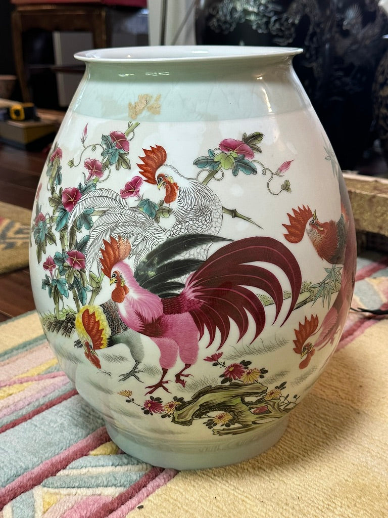 Chinese Jingdezhen Famille Rose Porcelain Vase Rooster Yu Jinxi Signed 2007 16"H 26C*GL