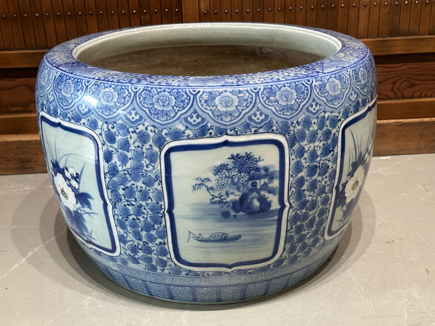 Antique Japanese Meiji Era Ceramic Blue & White Hibachi Brazier Floral Motif 24”