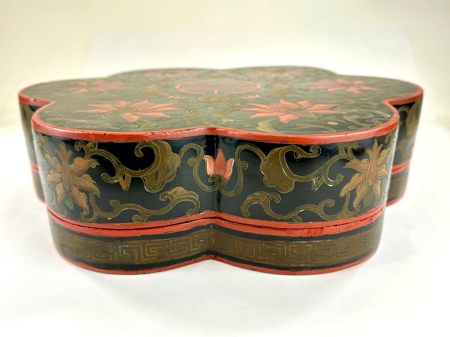 Antique Chinese Lacquer Wooden Box w/ 7 Bowls Floral Arabesque