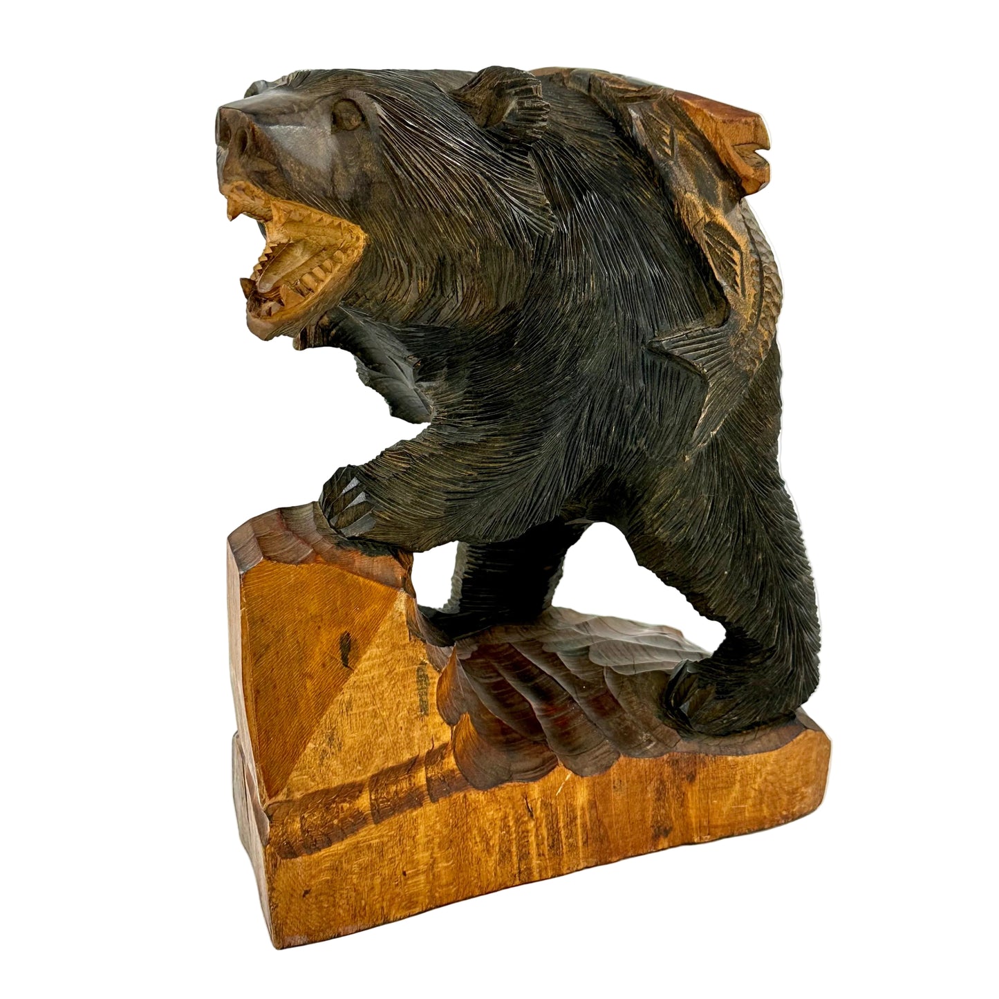 Vintage Japanese Ainu Bear Kuma w/ Salmon Sugi Wood ~10"