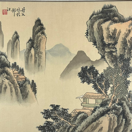 Antique Chinese Silk Painting Misty Mountain Landscape Pavilions 16"W