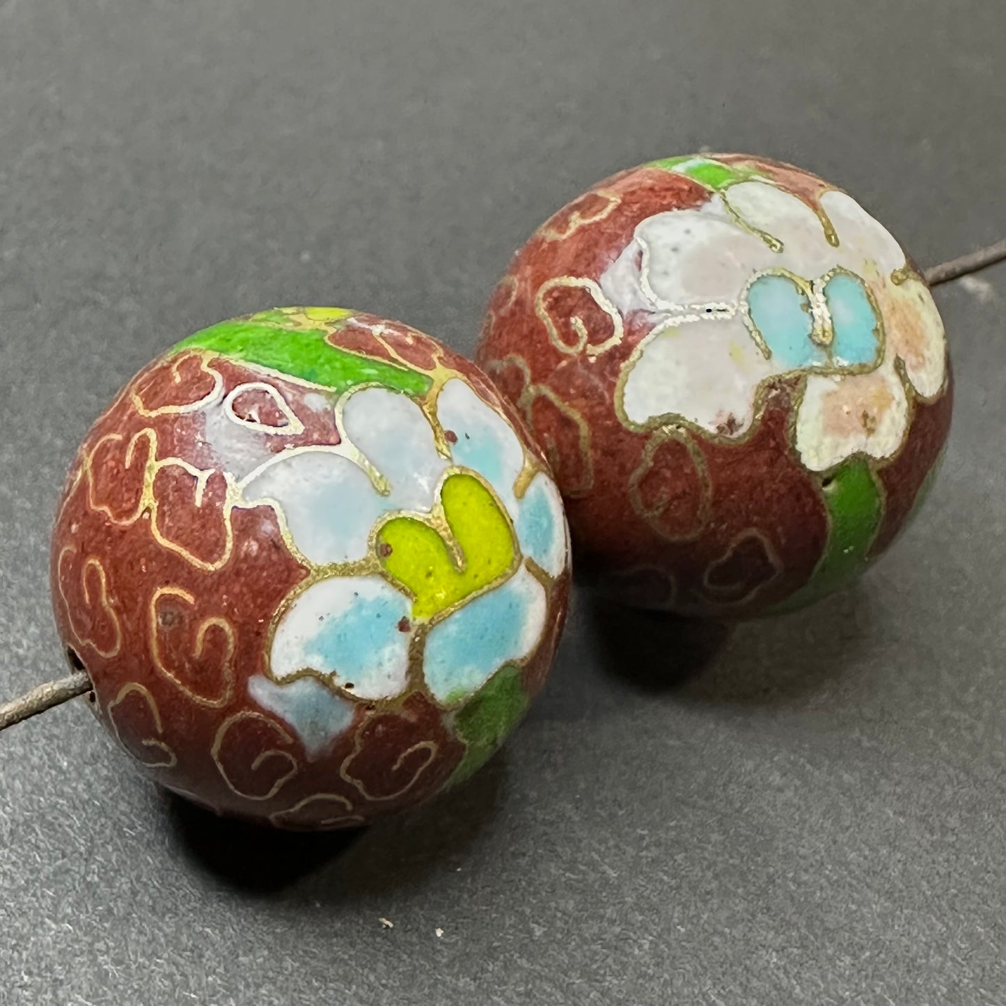 One Vintage Chinese Cloisonne Red Floral Bead 18mm Glass Enamel Jewelry