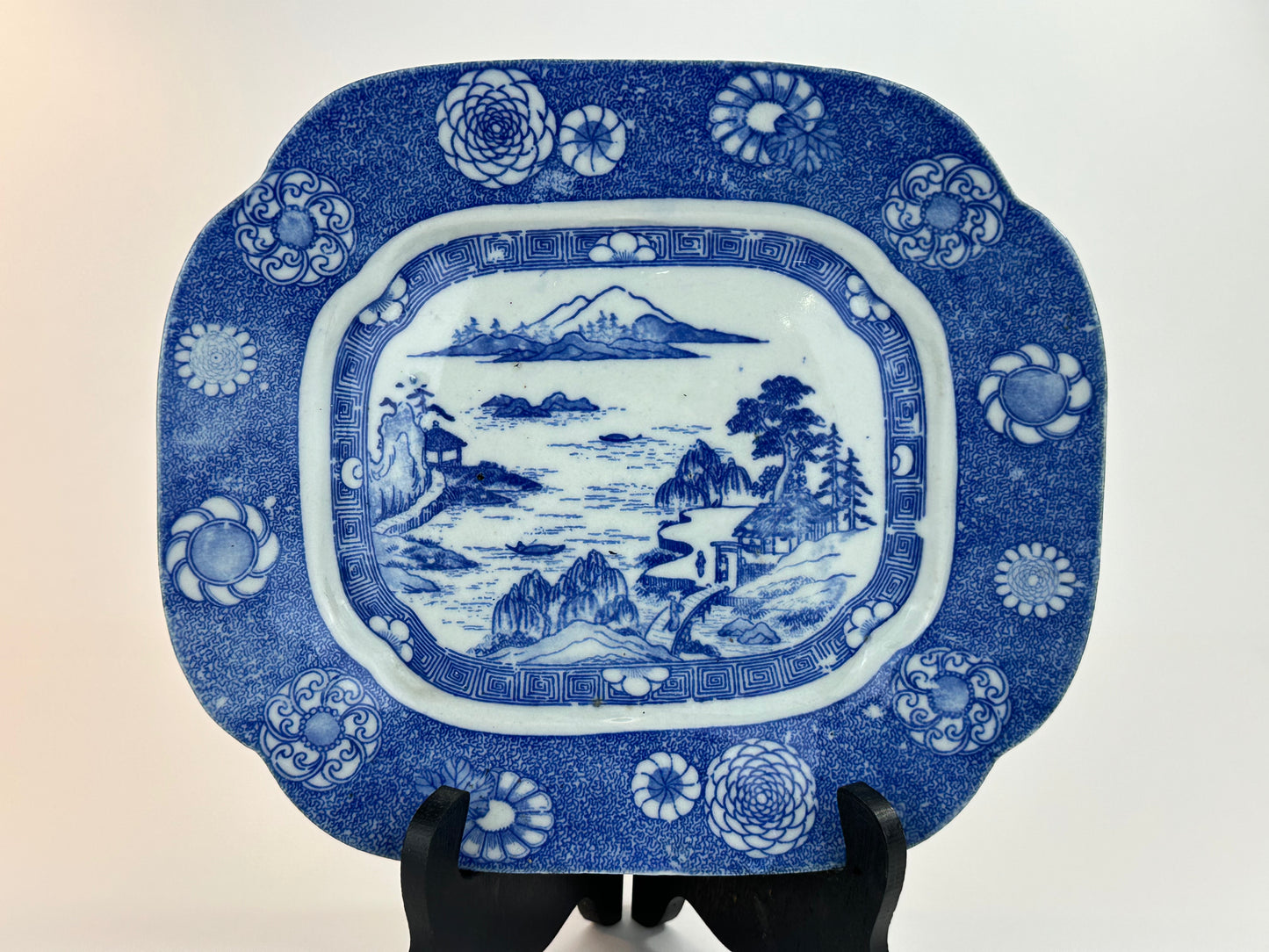 Antique Japanese Late Meiji c1910's Blue & White Porcelain Landscape Platter 10"W