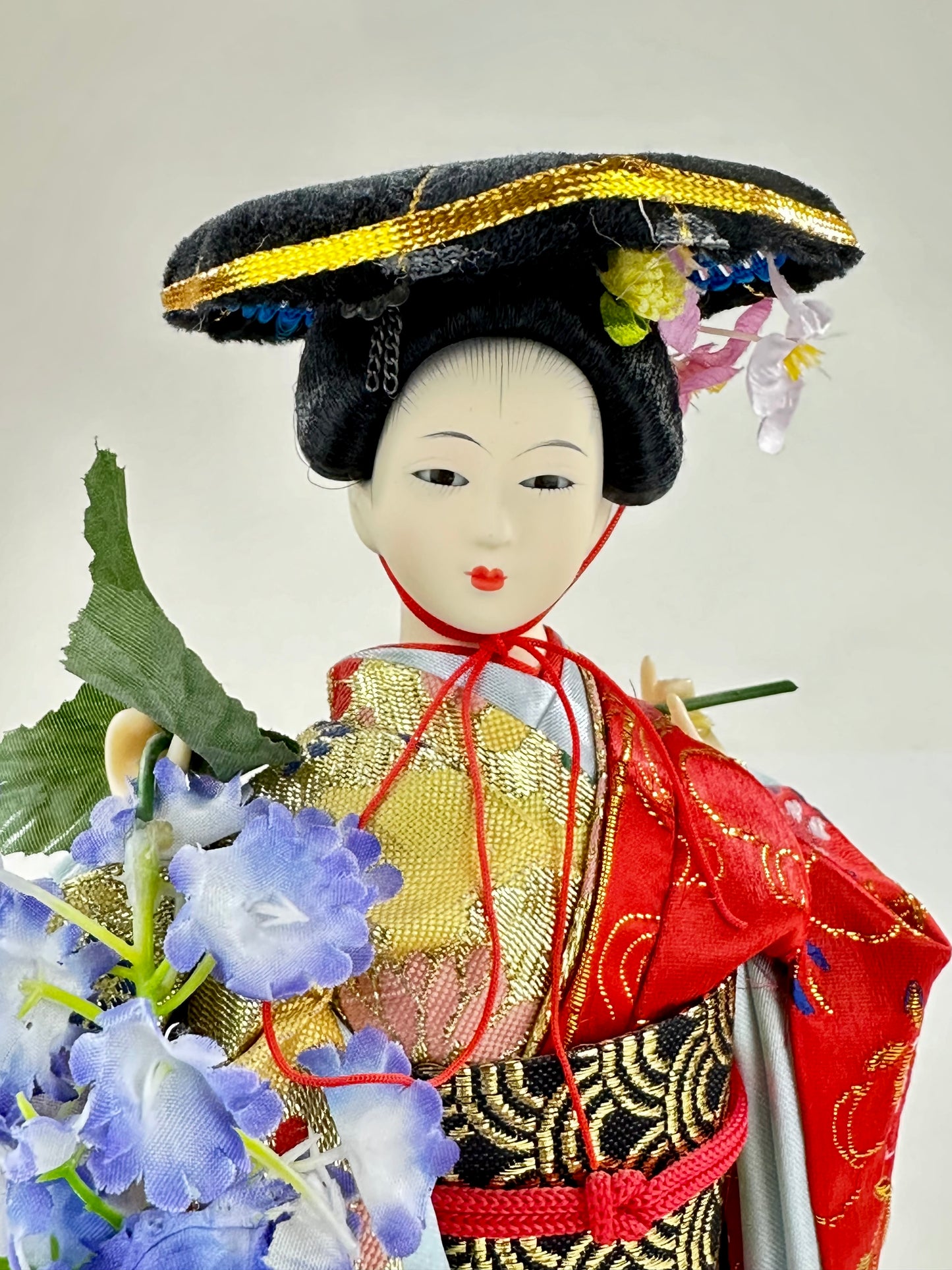 Vintage Japanese Geisha Ningyo Doll Red Kimono w/ Wisteria 11.5"