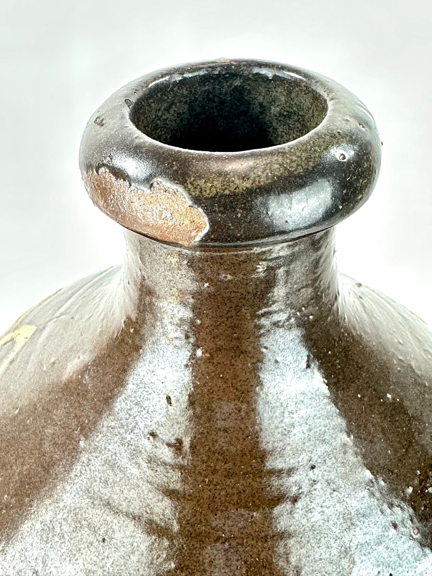 Antique Japanese Dark Glazed Stoneware Tokkuri Sake Jug White Slip Calligraphy Tap Hole Meiji 14"H