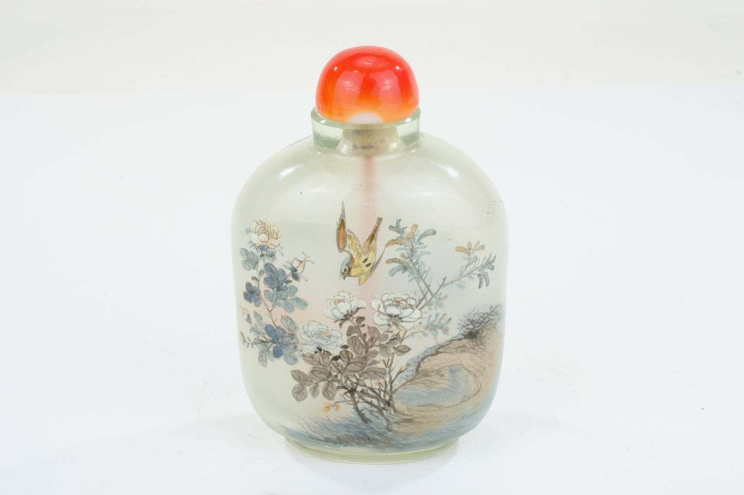 Chinese Clear Glass Interior Painted Snuff Bottle Bird Flower Rock Carnelian Stopper