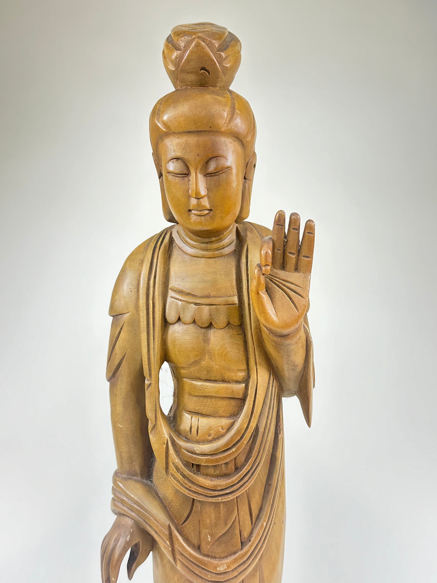 Vintage Japanese Hand Carved Statue of Quan-Yin Kannon Wood 11"