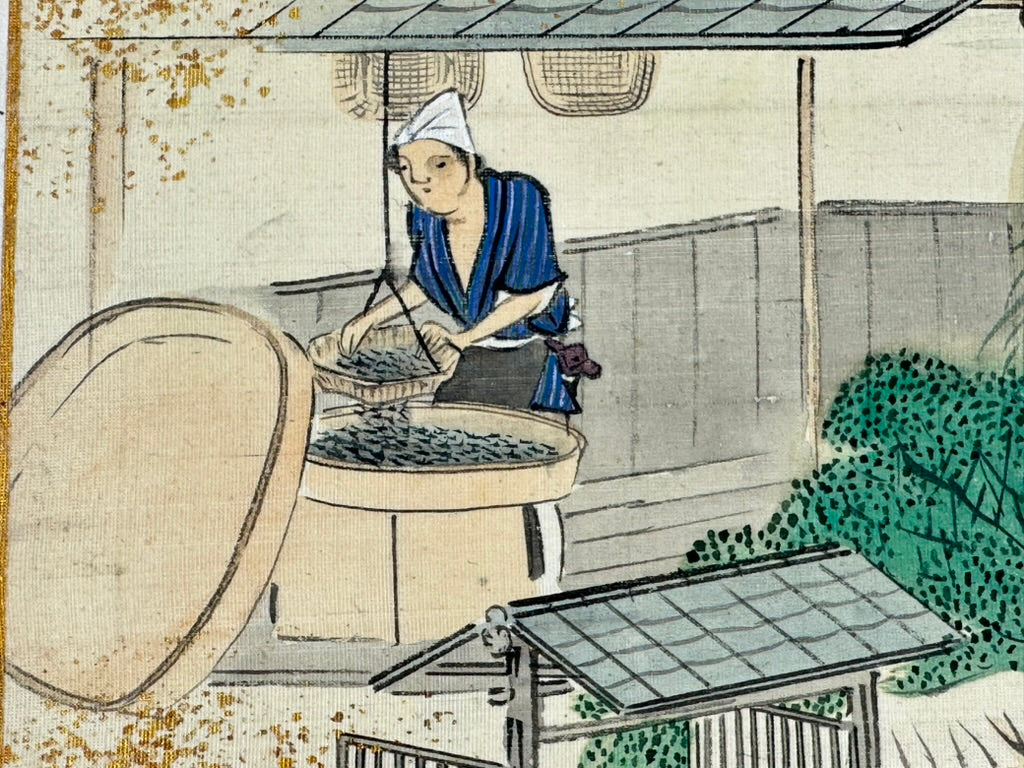 Antique Japanese Silk Painting Tea Pickers Genre Scene Gold Fleck 14"W